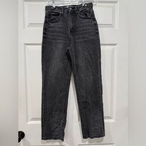 Kancan black straight leg jeans with adjustable waistband buttons.